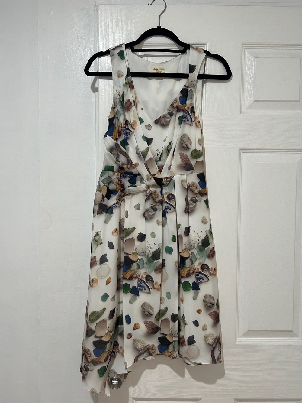 Anthropologie White Midi Dress with Green, Blue, Brown Print